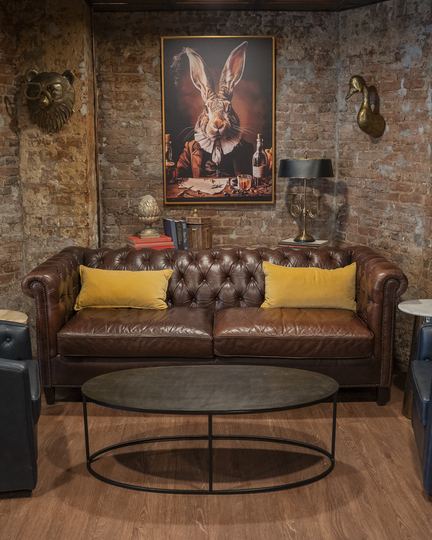 The leather sofa and brick wall downstairs
