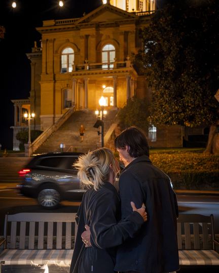 The courthouse at night from the patio